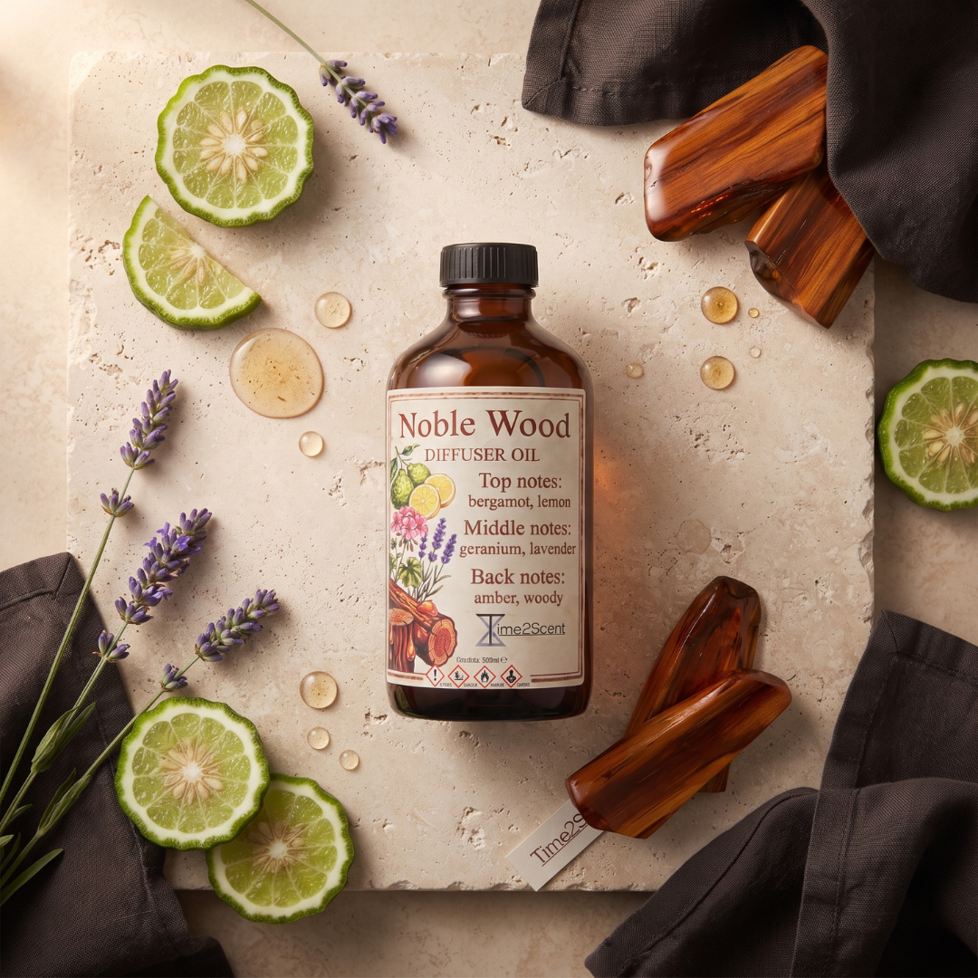 Noble Wood - Luxe Diffuser Essentiële Olie - 500ml - Bergamot & Amber - Bestseller voor Gym, Verzorging, Thuis en Wellness - Afbeelding 2
