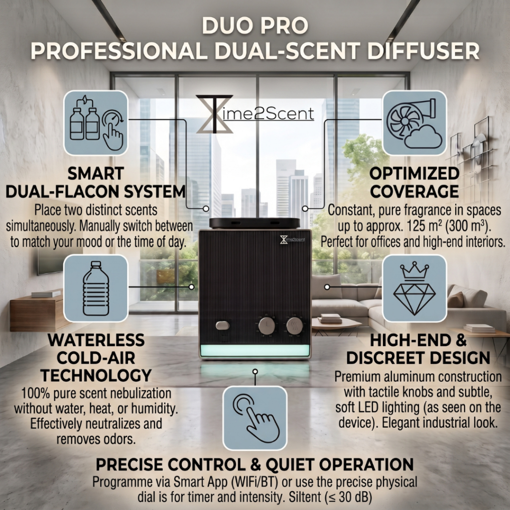 Duo Pro - Diffuseur d’arômes de luxe avec 2 réservoirs d’huile 125 m²