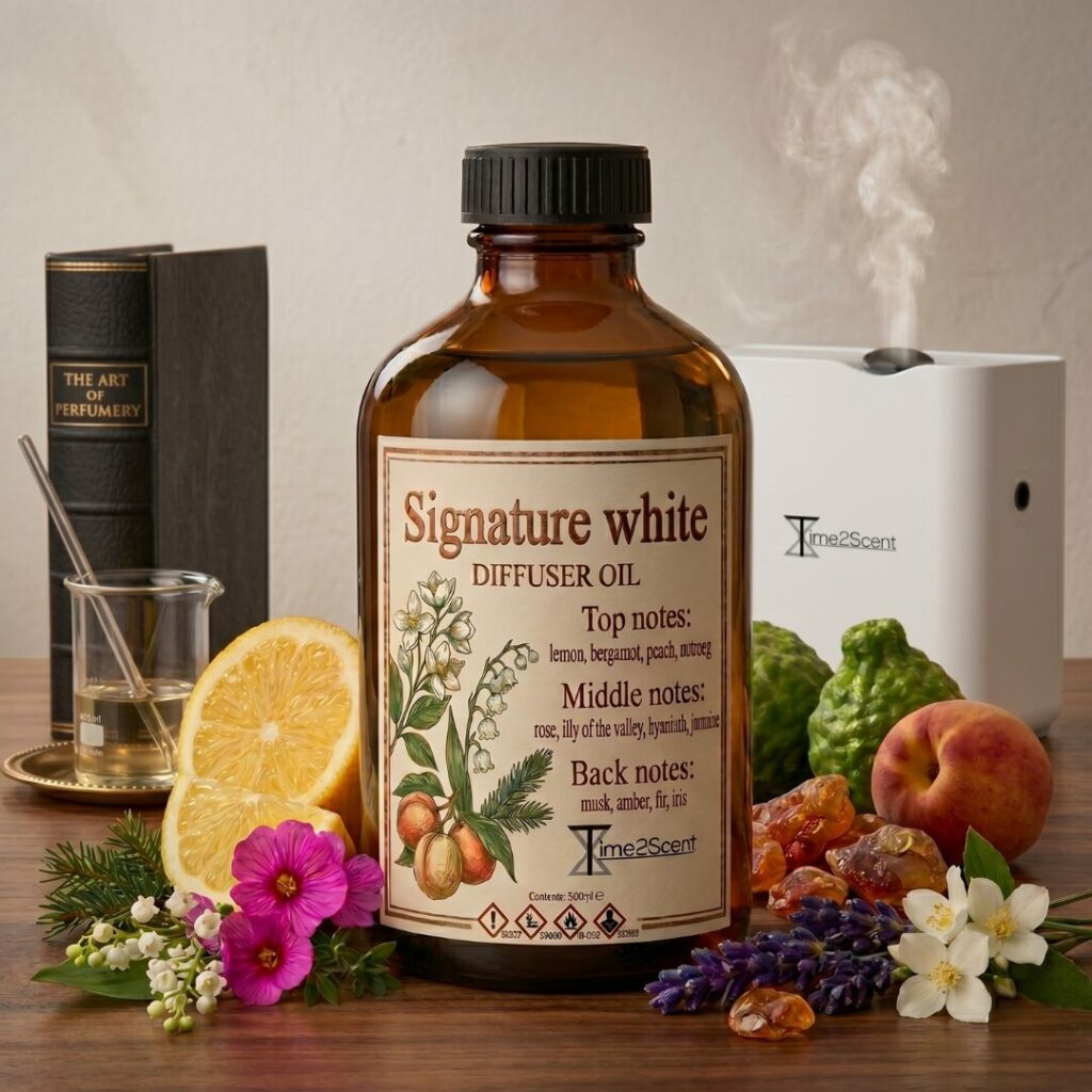 Signature White – Huile essentielle de luxe pour diffuseur 500 ml – Florale & Élégante pour bureau, salle d’attente ou salon