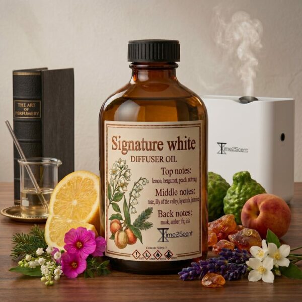 Signature White – Luxe Diffuser Essentiële Olie 500ml – Bloemig & Elegant voor Kantoor, Wachtruimte of Living