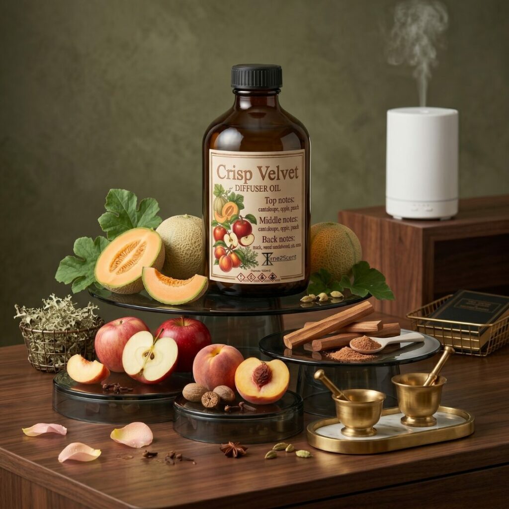 Time2Scent Crisp Velvet diffuser olie 500ml fles met perzik en appel ingrediënten