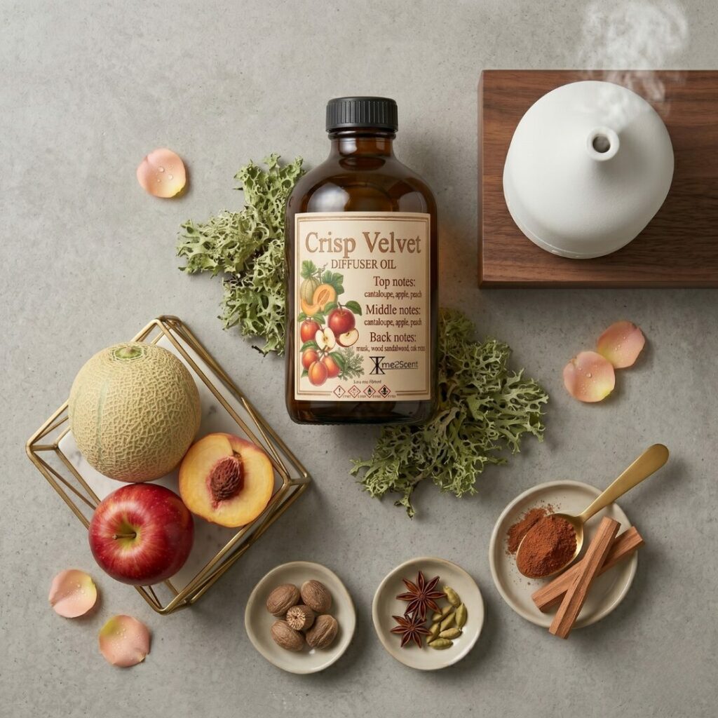 Time2Scent Crisp Velvet diffuser olie 500ml fles met perzik en appel ingrediënten