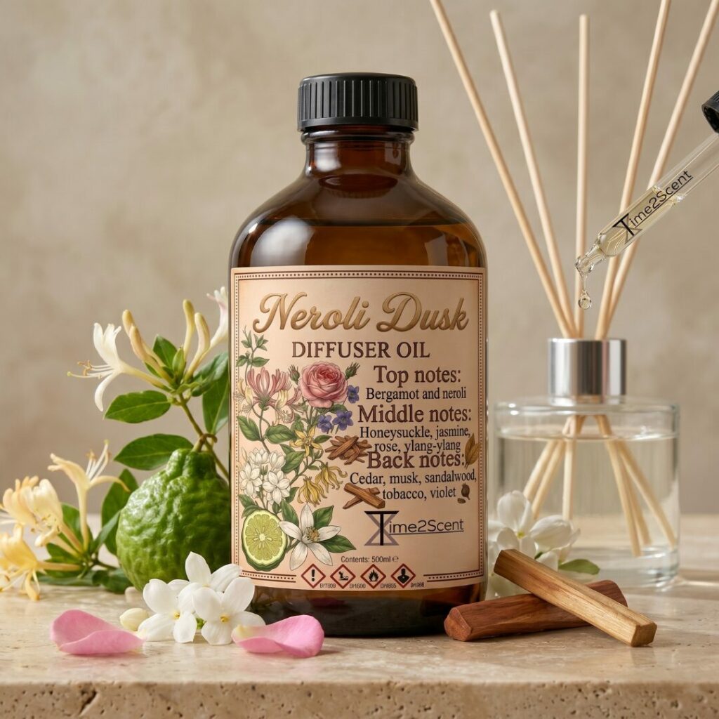 Neroli Dusk – Huile Parfumée de Luxe pour Diffuseur 500 ml – Florale & Chaude pour Entreprises & Maison